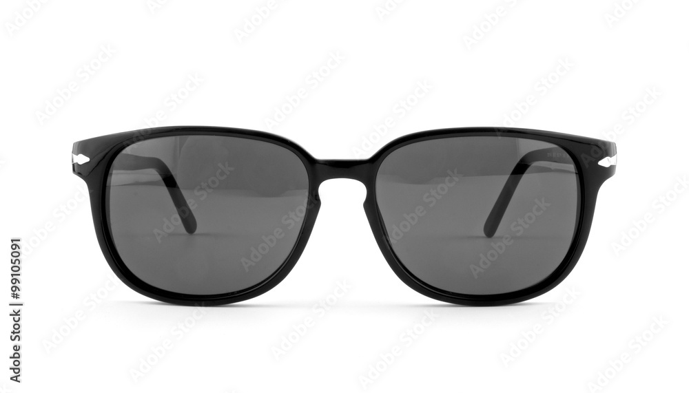 Cool sunglasses isolated on white background. In black plastic frame. Front view. Close up. Cool sunglasses isolated on white background. In black plastic frame. Front view. Close up.