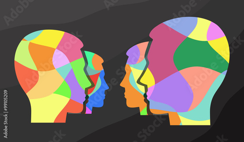 Vector concept showing the idea of communication, brainstorming and idea interchange through four colorful heads face to face