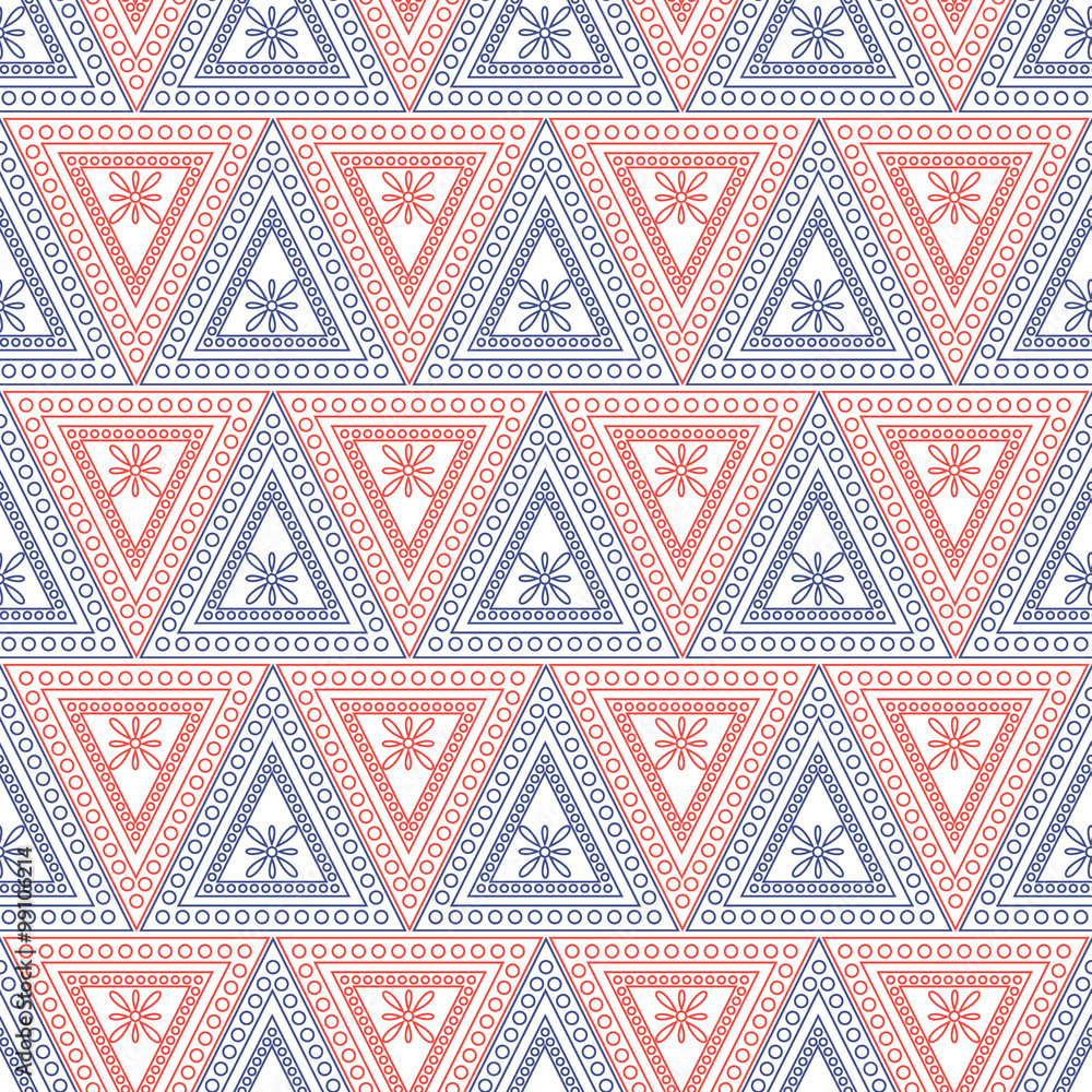 Seamless vector pattern. Symmetrical geometric background with red and blue triangles on the white backdrop. Decorative ornament.