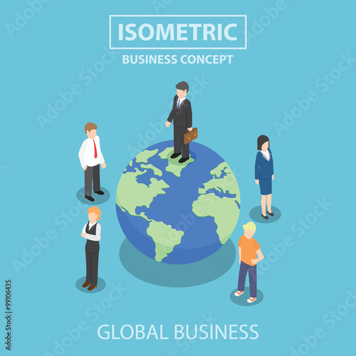 Isometric businessman standing on the world