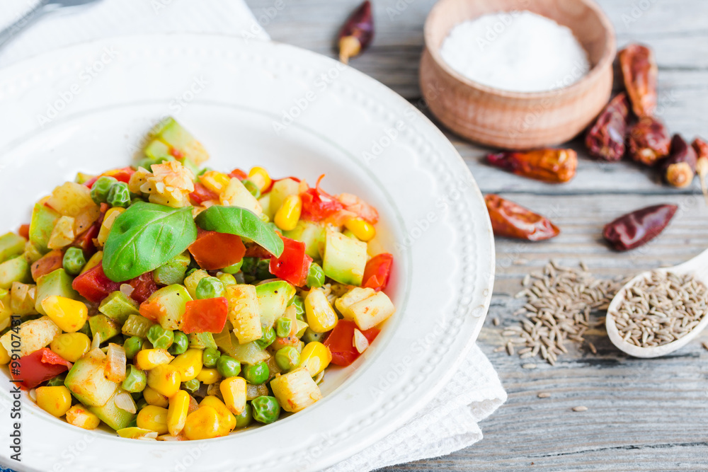vegetarian vegetable stew with peas and corn, curry, healthy din vegetarian vegetable stew with peas and corn, curry, healthy din