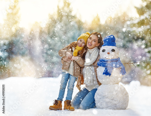 Mother and child girl on a winter walk