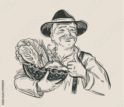 farmer and fresh vegetables. sketch. vector illustration