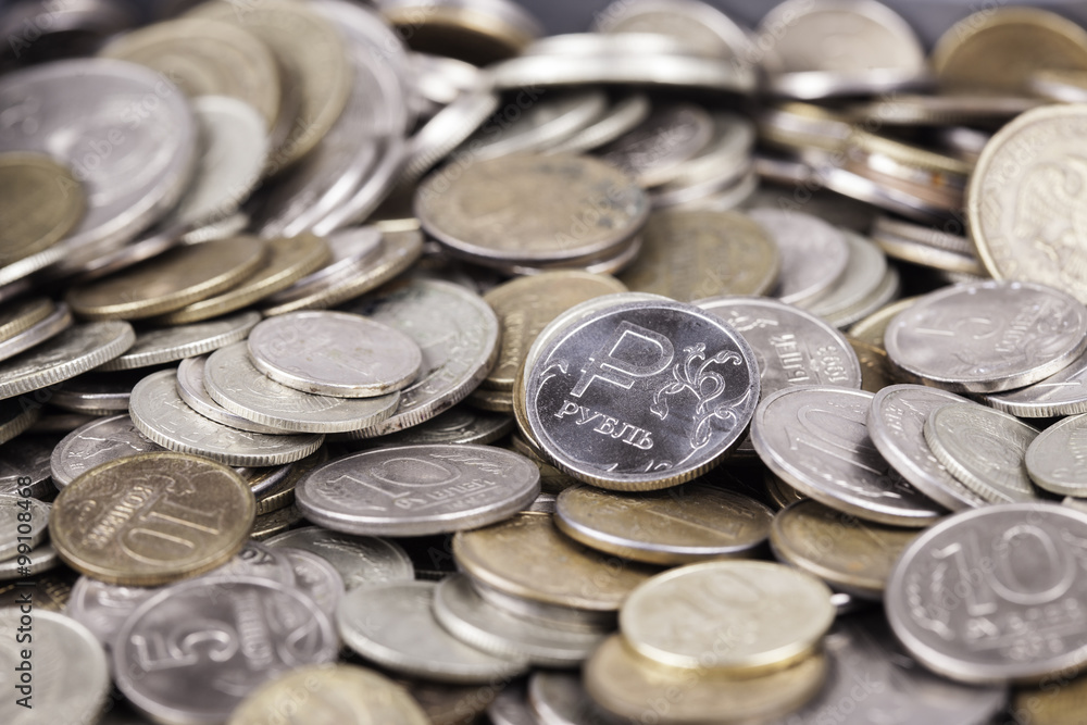 bunch Russian rubles in the form of coins close up bunch Russian rubles in the form of coins close up