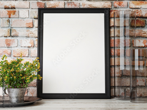 Mock up poster, interior composition, brick wall, flowers,  white poster, 3d render