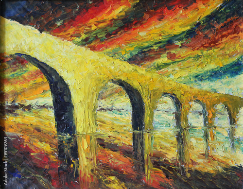 abstract bridge at sunset, reflection in water, oil painting