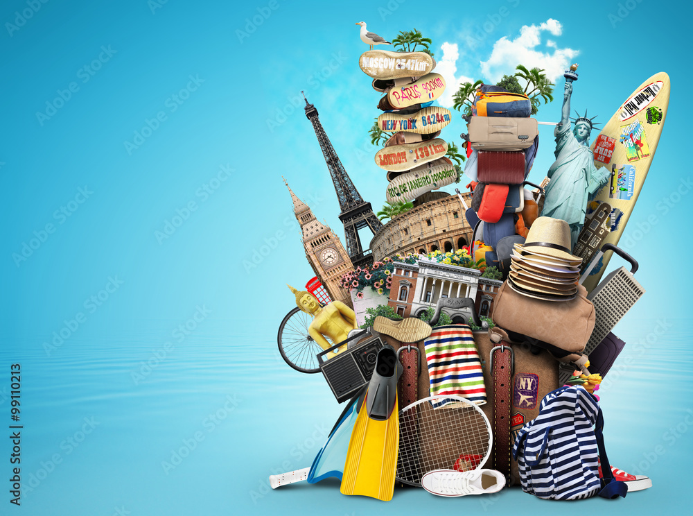 Luggage, goods for holidays, leisure and travel - obrazy, fototapety, plakaty 