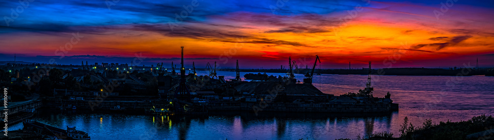 Naklejka premium Sunset over the seaport Ruse, Bulgaria