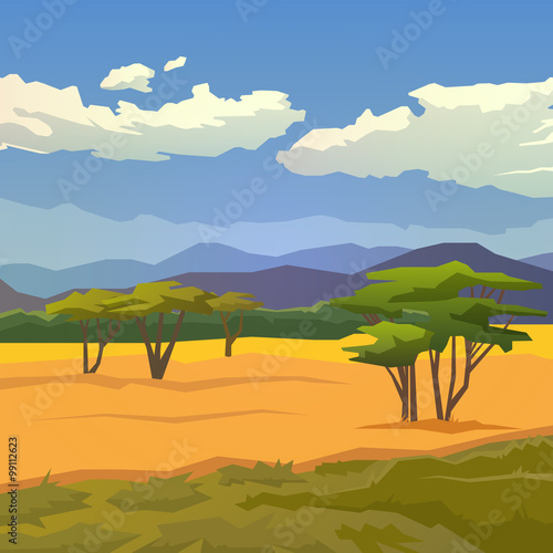 Savannah. Vector background. Mountains.