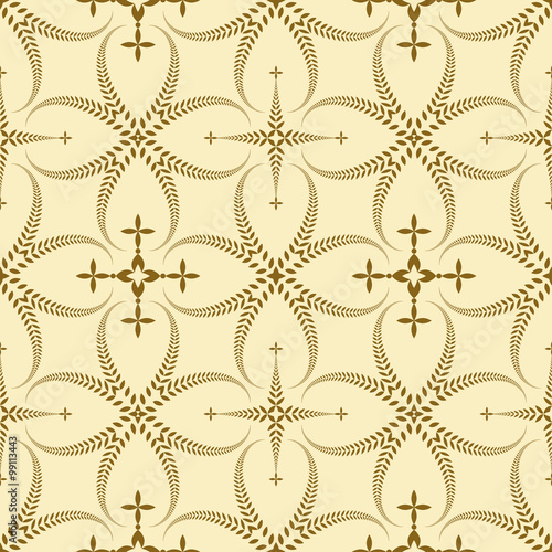 Seamless laurel wreath pattern. Curled, swirl stylized ornament with cross. Lace view texture. Ceremonial, remembrance, winter theme. Gold figure on light yellow background. Vector