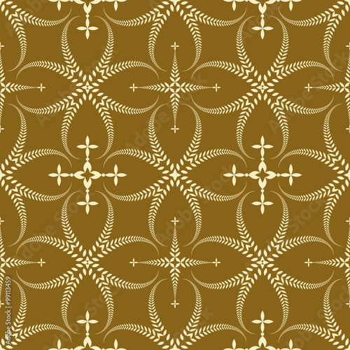 Seamless laurel wreath pattern. Curled, swirl stylized ornament with cross. Lace view texture. Ceremonial, remembrance, honouring theme. Light figure on gold background. Dark red colored. Vector