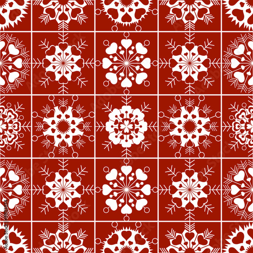 Seamless pattern of heart view snowflakes. Winter, Christmas, Valentine day, birthday texture. Stylized unusual white ornament on dark red, red-brown, terracota background. Vector