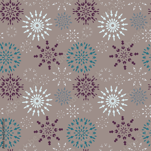 Christmas seamless pattern. Dark and light snowflake signs on gray background. Winter theme retro texture. Grey, purple, vinous, white, blue colored. Vector illustration
