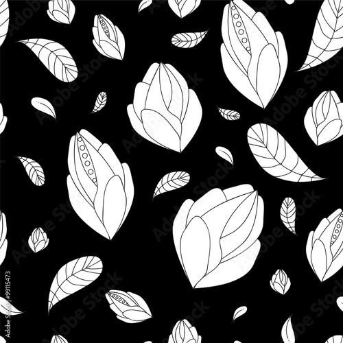 stock vector seamless doodle floral pattern. black and white