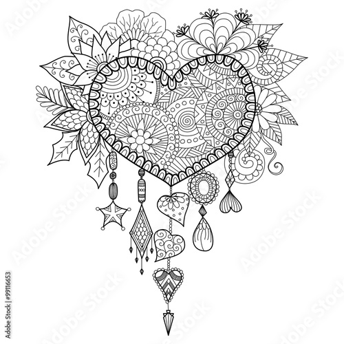 Hand drawn heart shape floral dream catcher for coloring book for adult or decorations for valentine's day