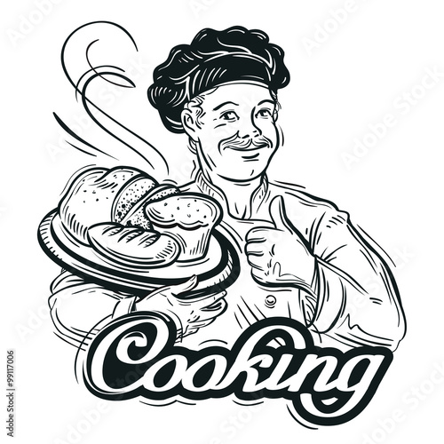 hand-drawn sketch baker and the bread. vector illustration