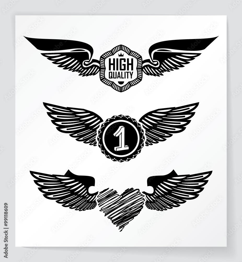 Design elements with wings. Could be used as tattoos. EPS10. Design elements with wings. Could be used as tattoos. EPS10.