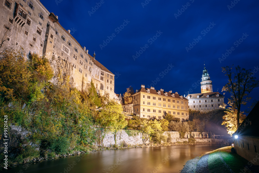 Beautiful night view to castle tower in Cesky Krumlov, Czech rep