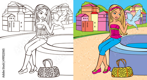 Colouring Book Of Girl Hold Dove