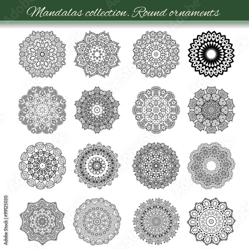 Set of abstract design element. Round mandalas in vector. Graphic template for your design. Decorative retro ornament. Hand drawn background with flowers.