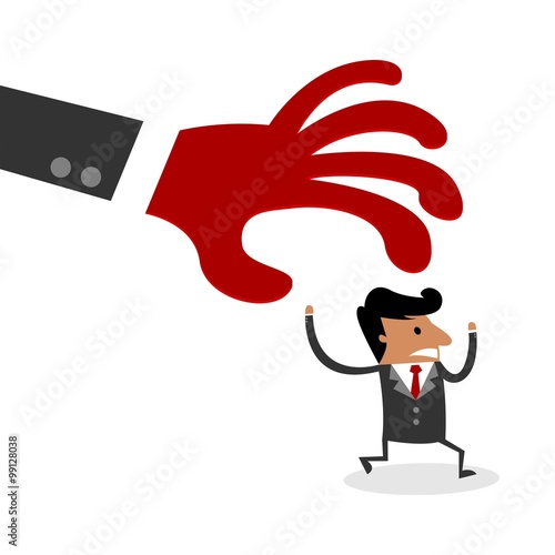 International Business Man Character Chased by Huge Fear Red Hand