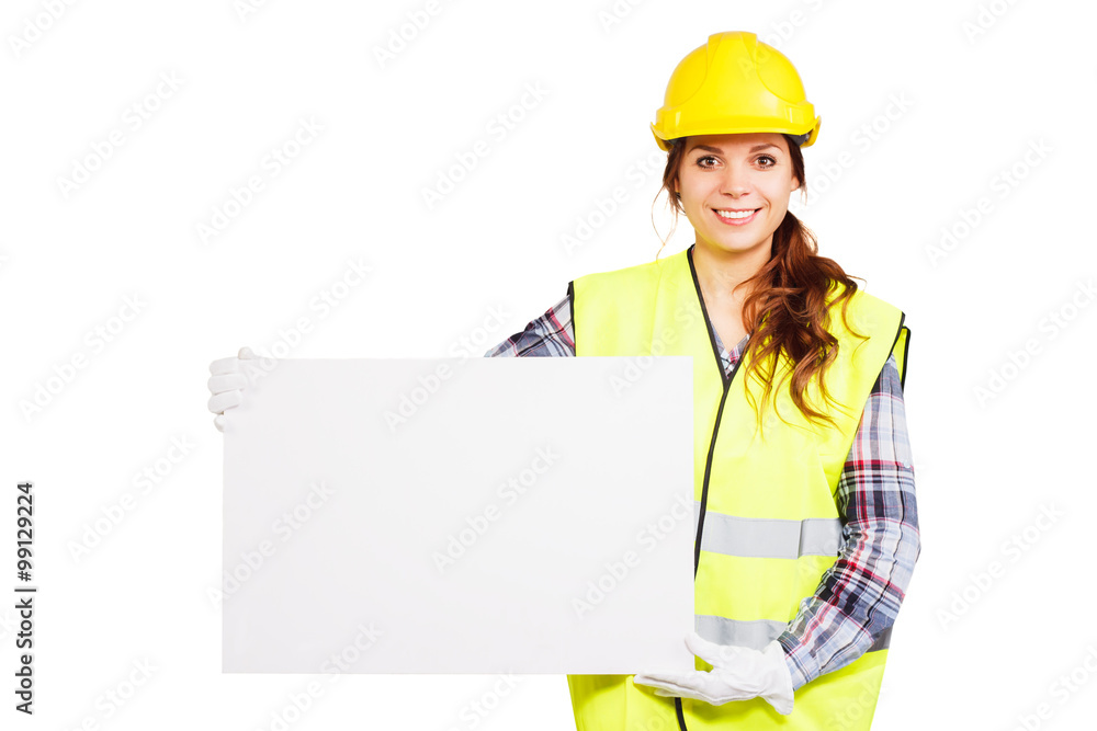 Young woman in construction helmet with nameplate Young woman in construction helmet with nameplate