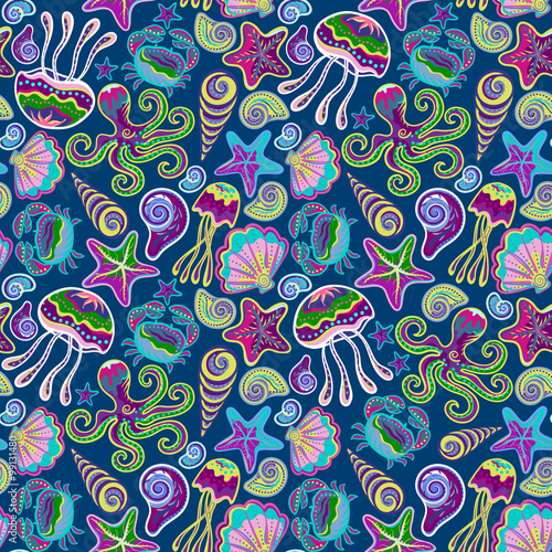 Vector hand drawn seamless pattern with jellyfish, shells, starfish, octopus and crabs. Ocean background