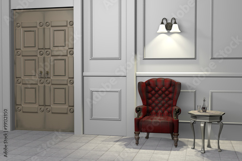 Antique style interior with a luxury red wingback chair. 3d illustration.
