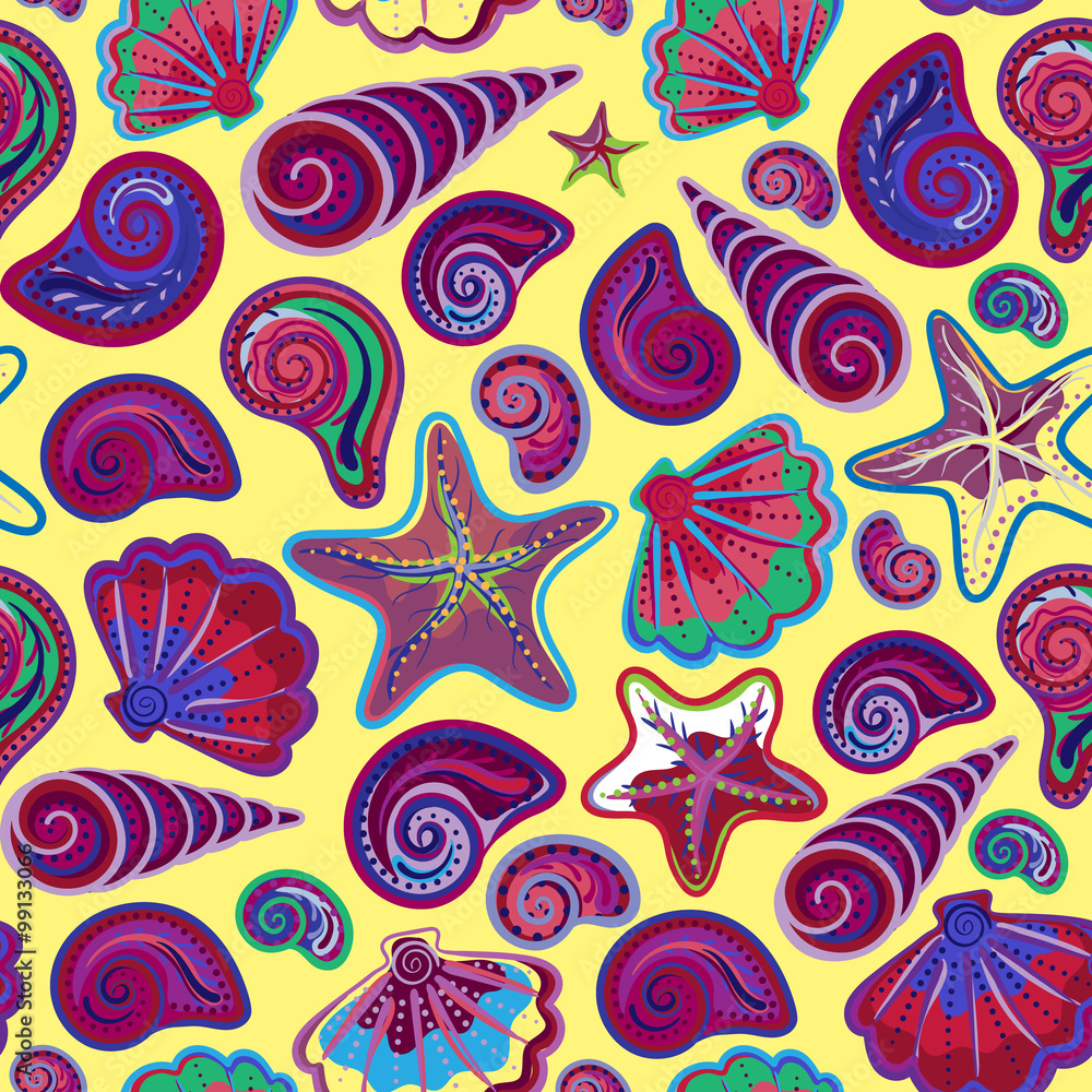 Fototapeta premium Graphic pattern with seashells, sea stars. Hand drawing. Seamless for fabric design, gift wrapping paper, printing.