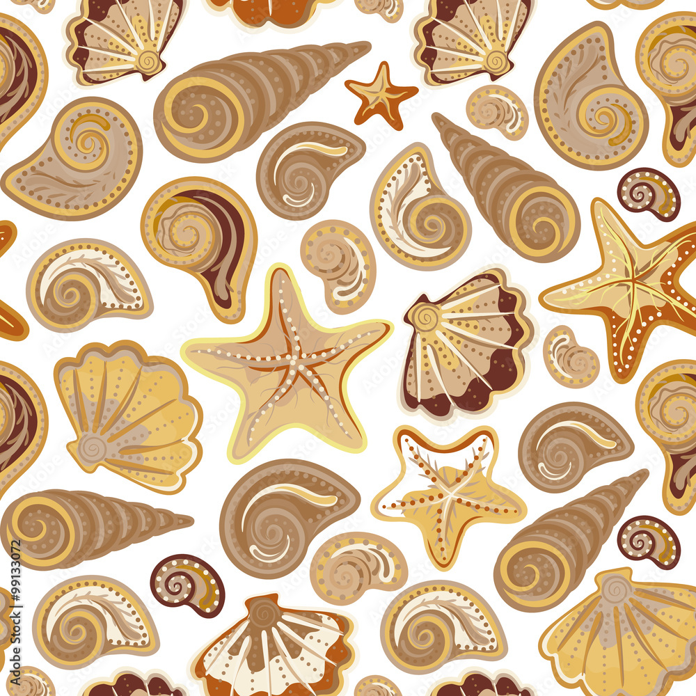 Graphic pattern with seashells, sea stars. Hand drawing. Seamless for fabric design, gift wrapping paper, printing. Graphic pattern with seashells, sea stars. Hand drawing. Seamless for fabric design, gift wrapping paper, printing.