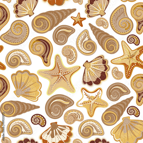 Graphic pattern with seashells, sea stars. Hand drawing. Seamless for fabric design, gift wrapping paper, printing.