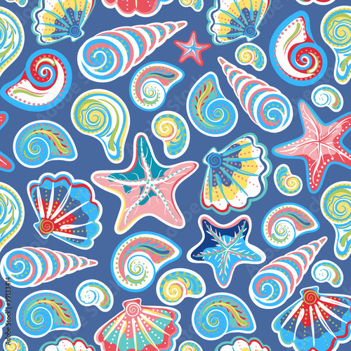Seamless pattern with sea shells and starfish in colorful, white. Repeating print background texture. Cloth. Wallpaper, wrapping