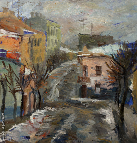 Beautiful Original Oil Painting Landscape On Canvas with houses on the street in the style of Impressionism