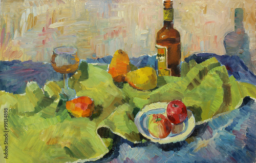 Beautiful Original Oil Painting of  still life  glass; bottle; tray; pear; apple; fabric; shade On Canvas in the style of Impressionism