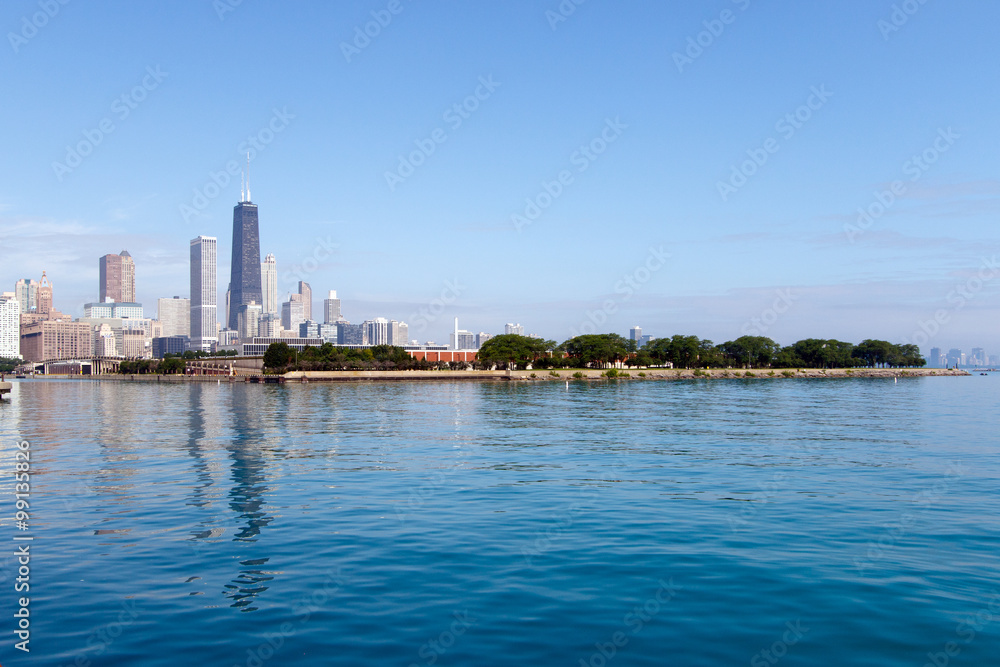 Color DSLR wide angle image of City of Chicago skyline, looking north from Navy Pier