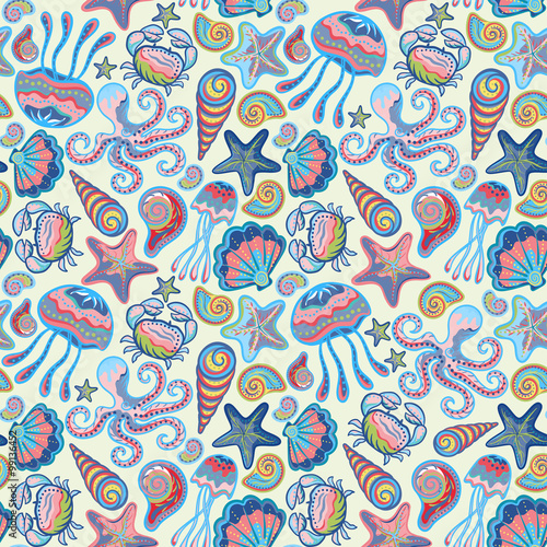 Colorful seamless pattern with fish starfish shells crab octopus. Sea life vector illustration.