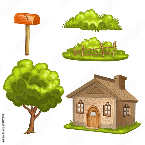 Illustration of a house, tree, bushes