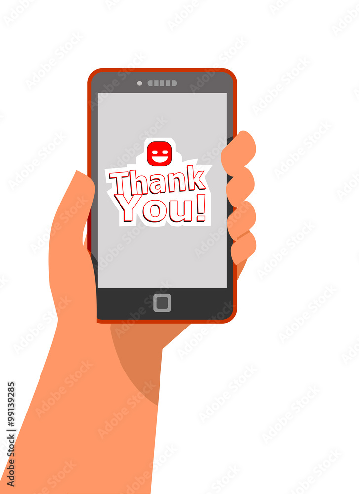 mobile sticker message concept in flat style - human hand holding mobile phone with thank you message on the screen mobile sticker message concept in flat style - human hand holding mobile phone with thank you message on the screen