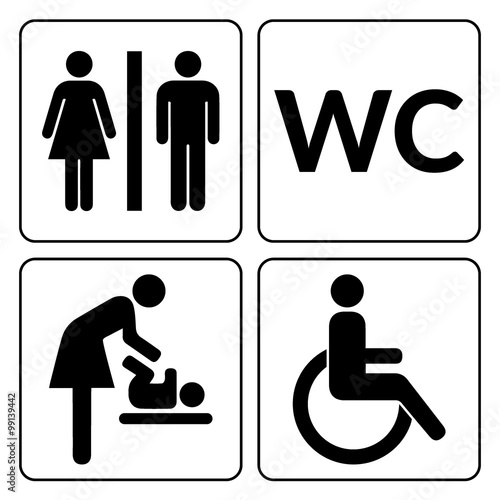 WC signs set. Man, woman, mother with baby and handicapped silhouettes isolated on white background. Male and female toilet door icons. Lady and gentleman restroom symbol. Cast logo concepts. Vector