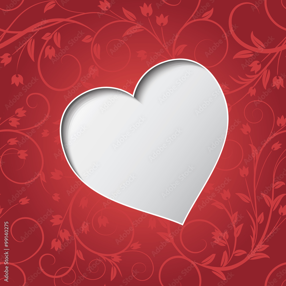 Valentines day greeting or invitation card with paper cut heart over floral seamless pattern.