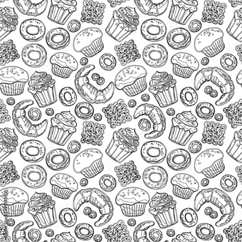 Seamless vector pattern with hand drawn doodle bakery products. Vector set of elements for menu design cake  teapot  croissant