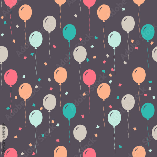 vector pattern of colorful balloons and confetti, on gray background