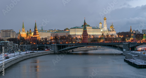 Kremlin embankment. Bolshoy Kamenny Bridge. Morning blue hour winter shot