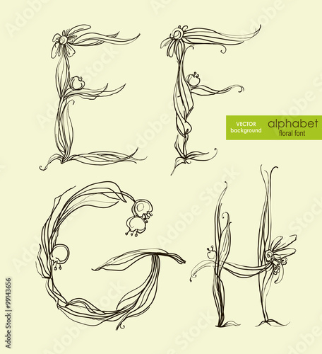 Spring floral stylized hand drawing alphabet.  Vector illustration.