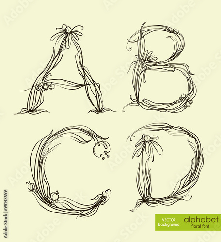 Spring floral stylized hand drawing alphabet.  Vector illustration.