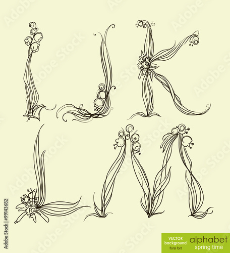 Spring floral stylized hand drawing alphabet.  Vector illustration.