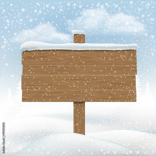 Wooden signboard in snowbank. Backdrop for messages. Vector Illustration.