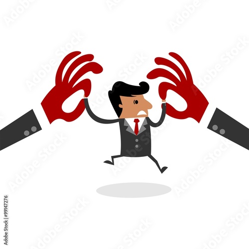 International Business Man Struggling With Two Huge Hands