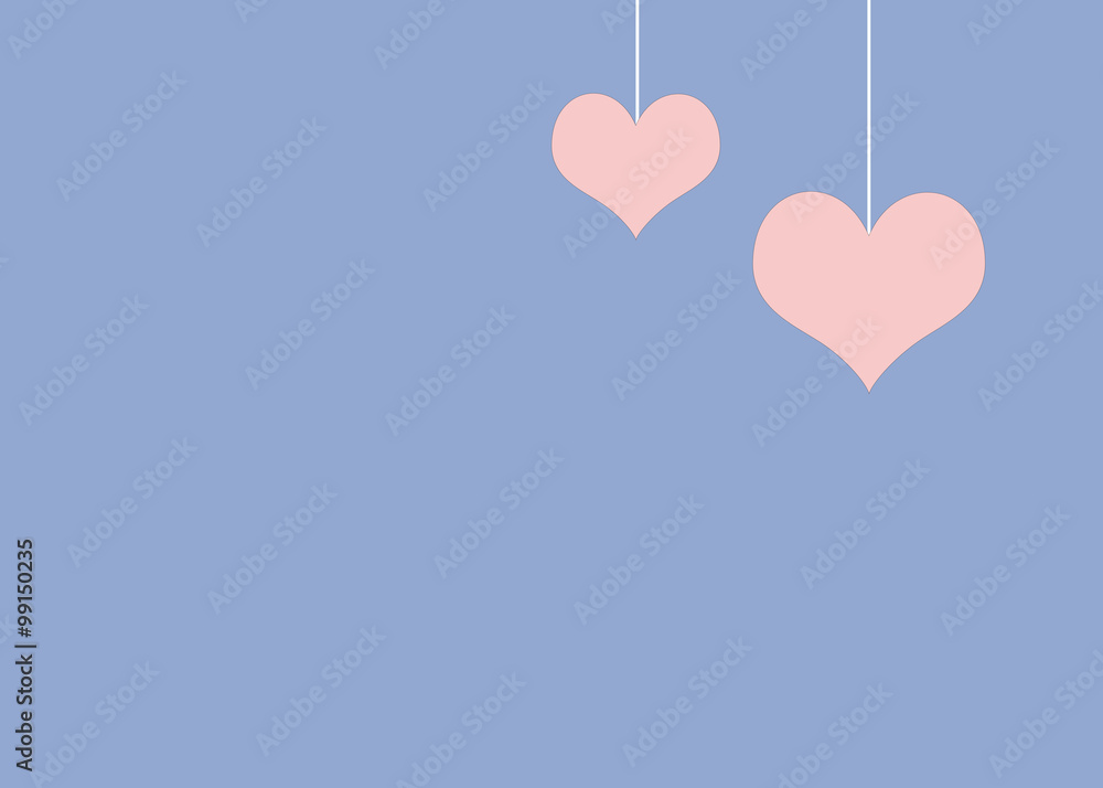 Two hanging pink heart shape on blue background, valentine's day concept
