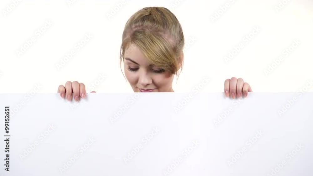 Woman with blank presentation board banner sign 4K Woman with blank presentation board banner sign 4K